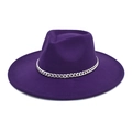 Deep purple wool wide brim fedora hat with stylish silver metal chain band detail - M (56-58cm) / Purple