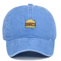 Detailed view of burger embroidery on washed blue cotton twill baseball cap - Adjustable / Light Blue