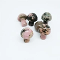Miniature natural stone mushrooms in pink and black patterns for home decor - Rhodonite