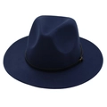Classic dark blue wool felt fedora jazz hat featuring a black leather belt with metal buckle - Kids Flat Brim (54cm) / Navy Blue