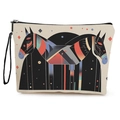 Neceser de lona crema con estampado de caballos geométrico y correa de mano negra - 17*25cm (Lino) con Correa / Patrón de Caballo Abstracto (Estilo 1)