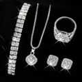 Silver-tone jewelry set with crystal-encrusted bracelet, ring, necklace and earrings - Platinum Texture 4-Piece Set (No Watch) / Silver