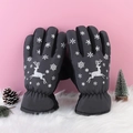 Dark gray winter gloves with white snowflake and reindeer patterns on plush rug - Fleece Reindeer Snowflake Print / Women's Printed Grey