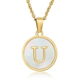 Golden titanium steel necklace with round shell pendant and gold letter U charm - White Mother of Pearl Letter U