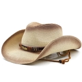 Cappello da cowboy in paglia sfumata con perline etniche e ciondolo a piuma su bianco - Beige Caffè Sfumato