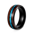 Polished black titanium ring featuring acacia wood inlay and vibrant blue-green opal - Black Acacia Wood + Opal