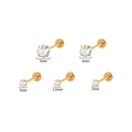Set of five gold stainless steel labret studs with round zircons from 2mm to 5mm size - Prong Set Zirconia / 0.8*6*2mm / Gold