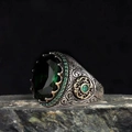 Retro punk silver ring with large oval green gemstone and vintage engraved patterns - J081-4 Green / Size 7