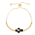 Detail of adjustable gold box chain bracelet with black stone cross and bead accents - Black