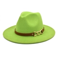 Detail of bright green wool fedora hat featuring brown faux leather band and gold metal chain - M (56-58cm) / Fruit Green