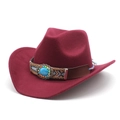 Detail of burgundy felt cowboy hat with turquoise gemstone and ethnic beaded leather band - M (56-58cm) / Burgundy