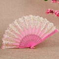 Elegant pink lace folding fan with gold floral embroidery and pink plastic ribs - Standard Type / Pink