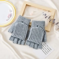 Close-up of grey knit convertible gloves with flip-top on a soft silk background - L / Light Gray Ribbed