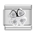 Macro detail of silver stainless steel modular link with crystal clover design - Silver Four Diamonds