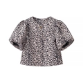 Detailed view of leopard print puff sleeves and gold button closure on a women shirt - S / Leopard Print