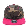 Detail of woodland camouflage baseball cap with vibrant pink brim and snapback sticker - Rose Red Brim Camouflage