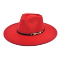 Detail view of red wool fedora hat featuring a black leather band and gold metal buckle - M (56-58cm) / Red
