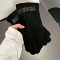 Men's black wool winter gloves with touch screen fingers and leather wrist strap detail - One Size / Black (Lined Style)
