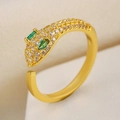 Golden leopard head open ring with sparkling white zircons and green gemstone eyes - Imitation Gold
