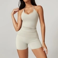 Light beige halter neck yoga set with high waist compression shorts for athletic wear - S / Grey Apricot (Top+Shorts)