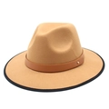 Detail of camel wool fedora with brown leather band and black binding on wide brim - M (56-58cm) / Camel