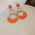 Close-up of orange woven flower stud earrings featuring handmade gold metal hoop details - 31# Steel Pin Gold Orange Woven Semicircle
