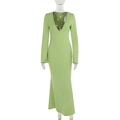 Detail of green long sleeve maxi dress with deep V-neck and slim fit knitted fabric - S / Green
