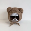 Brown knitted baby winter hat with cute bear ears and secure chin straps for warmth - 3M-2Y / Brown
