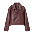 Deep reddish brown faux leather biker jacket with wide lapels and adjustable waist belt - S / Brown