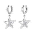 Macro shot of polished silver star earrings with a reflective metallic finish on a white background - VE1306 Silver Star Dangle Earrings