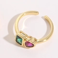 Adjustable 14K gold plated ring with emerald cut green and heart shape rose zircon - Heart Zirconia / Gold/Red & Green