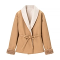 Women's elegant camel wool coat with beige collar, faux fur cuffs, and a waist tie belt - S / Camel
