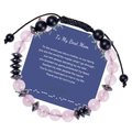 Detalle de pulsera de código Morse con cuarzo rosa y tarjeta para hermana - Para Mi Mamá