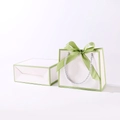 White gift bag with elegant green border, silver rope handle, and green satin ribbon bow - White Bag Light Green Border + Green Ribbon + Grey Handle