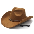 Classic brown suede cowboy hat with braided leather band and adjustable chin strap - Khaki
