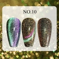 Macro shot of three cat eye nail polish swatches in blue, gold, and bronze shades - Dreamy Quicksand Cat Eye Gel 10