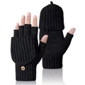Men's black knit convertible flip top mittens with warm wool lining and button closure - L / Black Vertical Pattern