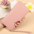 Pink litchi texture long zipper wallet for women with matching wristlet strap detail - Pink