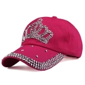 Stylish rose red denim baseball cap with rhinestone crown and distressed hole details - Rose Red