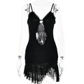 Sexy black backless mini dress with mesh patchwork and ruffled asymmetrical hem details - S / Black