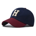 Navy and maroon washed cotton baseball cap with ivory H embroidery patch - H Patchwork Navy Blue