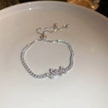 Silver adjustable slider bracelet featuring marquise zirconia flower and pavé tennis chain - Silver Butterfly Style / Silver