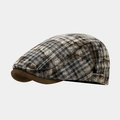 Detail of plaid newsboy cap with brown suede brim and adjustable metal buckle - One Size / Brown Beige Gray Plaid (3#)
