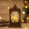 Vintage bronze Christmas lantern with a reindeer scene and warm LED glowing snow globe - Hollow Carved Style-Reindeer