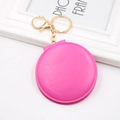 Pink round PU leather folding makeup mirror keychain with gold clasp on white background - Rose Red