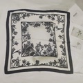 Elegant black and white square silk scarf featuring floral iris and bee print motifs - Dark-colored Floral Small Square Scarf / 65