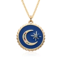 Goldene Mond- und Sternhalskette mit blauem Emaille-Anhänger und bunten Kristallen - Blaues Emaille Mond Stern Stil (c456)