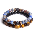Men's double-layered natural tiger eye and black agate beaded bracelet set on white background - Emperor Stone Set / 19cm