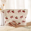 Beige corduroy makeup bag featuring red cherry and bow embroidery with zipper - Beige Cherry Bow (CM189336)