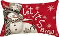 Christmas lumbar pillow cover with Let It Snow snowman print on red linen fabric - Style H (Single-sided)